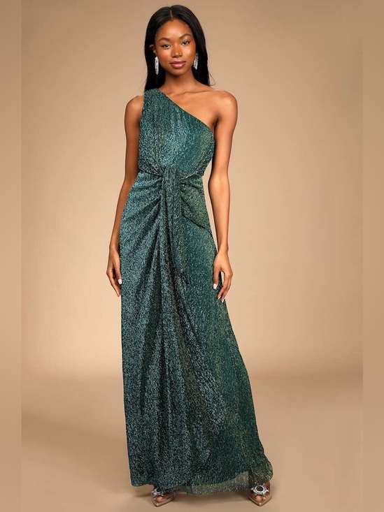 Lulus Dresses & Skirts - Lulus Glamorous Glitz Shiny Teal Green One-Shoulder Maxi Dress Sz Large Long